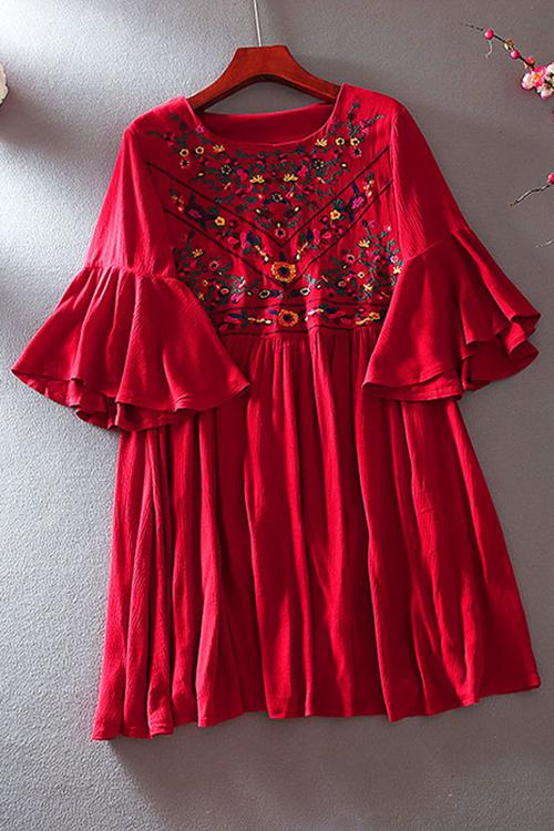 Flares Sleeve Embroidery Mini Dress