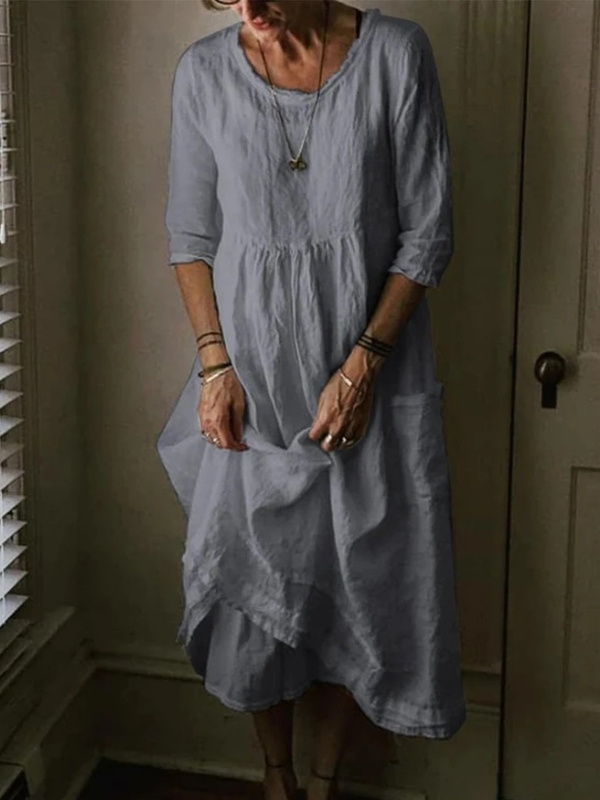 Linen Blend 3/4 Sleeve Crew Neck Dress