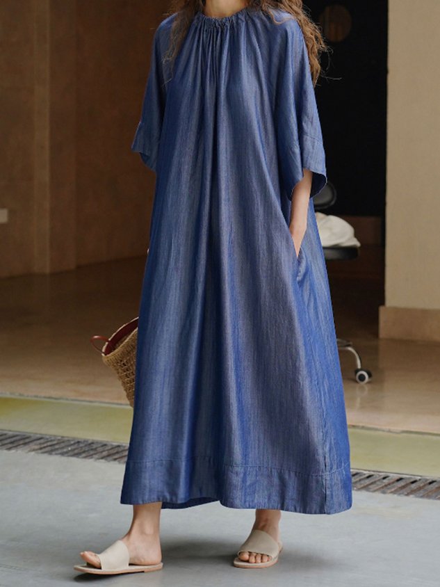 Casual Loose Crew Neck Plain Faux Denim Dress