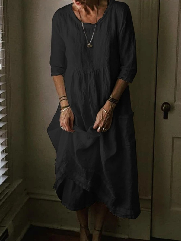 Linen Blend 3/4 Sleeve Crew Neck Dress
