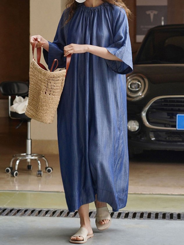 Casual Loose Crew Neck Plain Faux Denim Dress