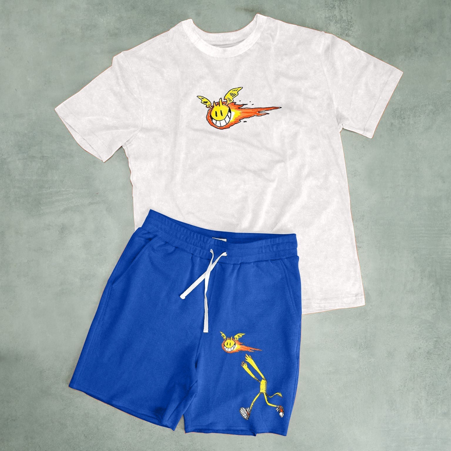 Fashion Funny Print Casual Loose Contrast Color Short Sleeve Shorts Suit