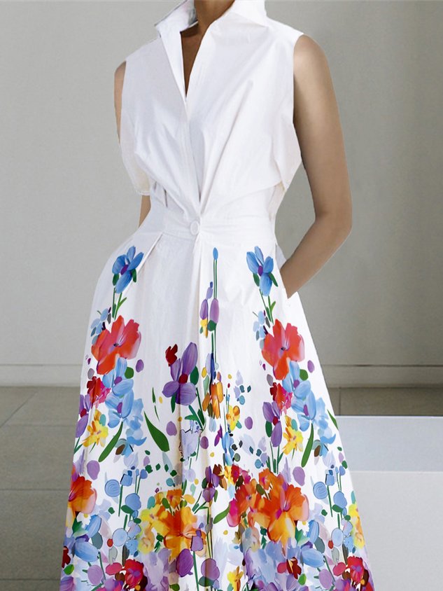 Daily Floral Urban Shirt Collar Dress With No