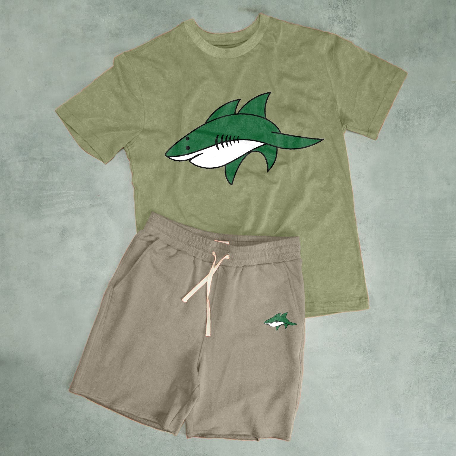 Casual Cartoon Print Fashion Shark Fashion Street Shorts Short Sleeve Suit