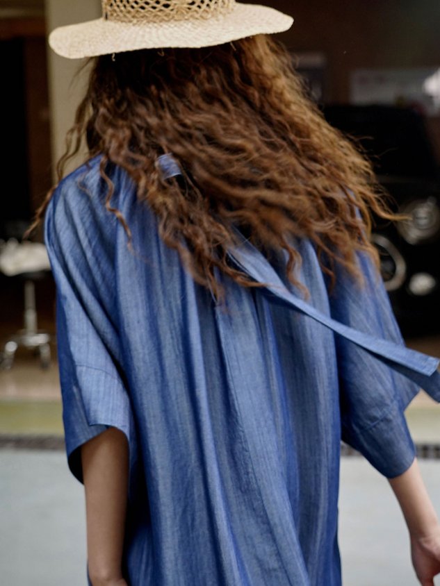 Casual Loose Crew Neck Plain Faux Denim Dress