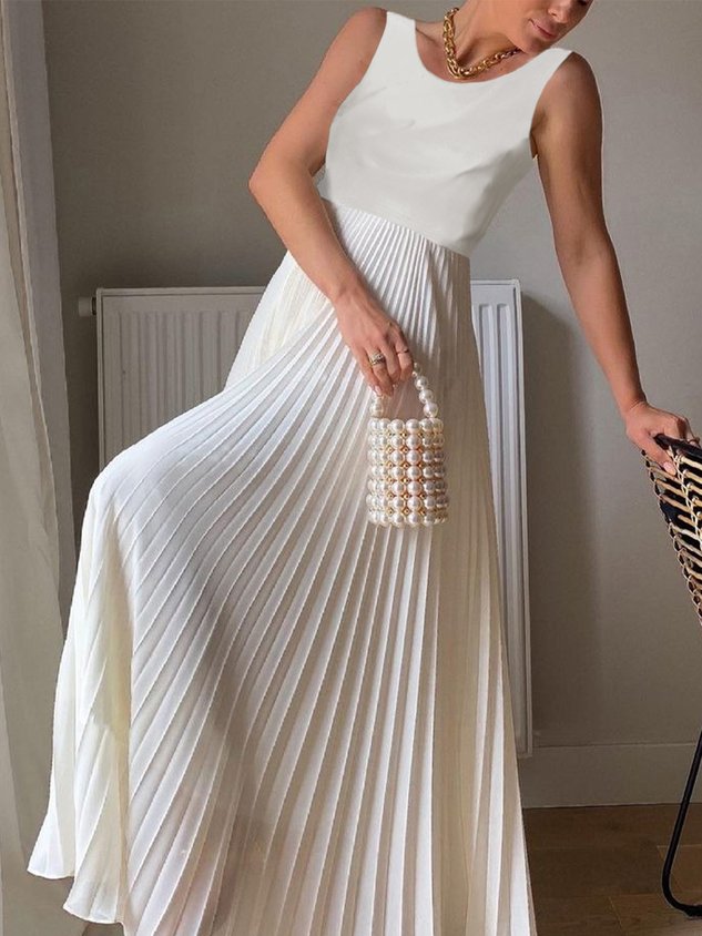 Elegant Plain Sleeveless Crew Neck Maxi Dress With No Belt