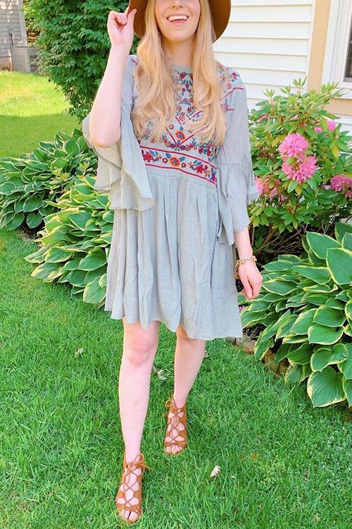 Flares Sleeve Embroidery Mini Dress