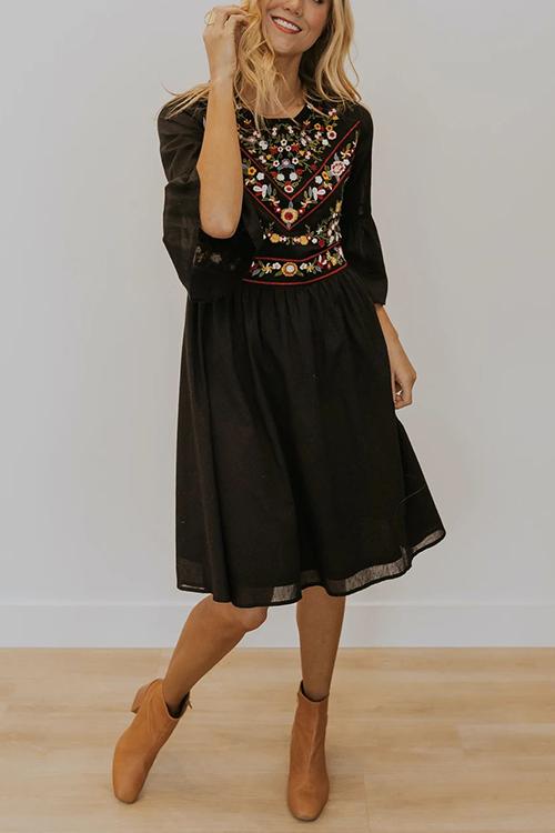 Flares Sleeve Embroidery Mini Dress